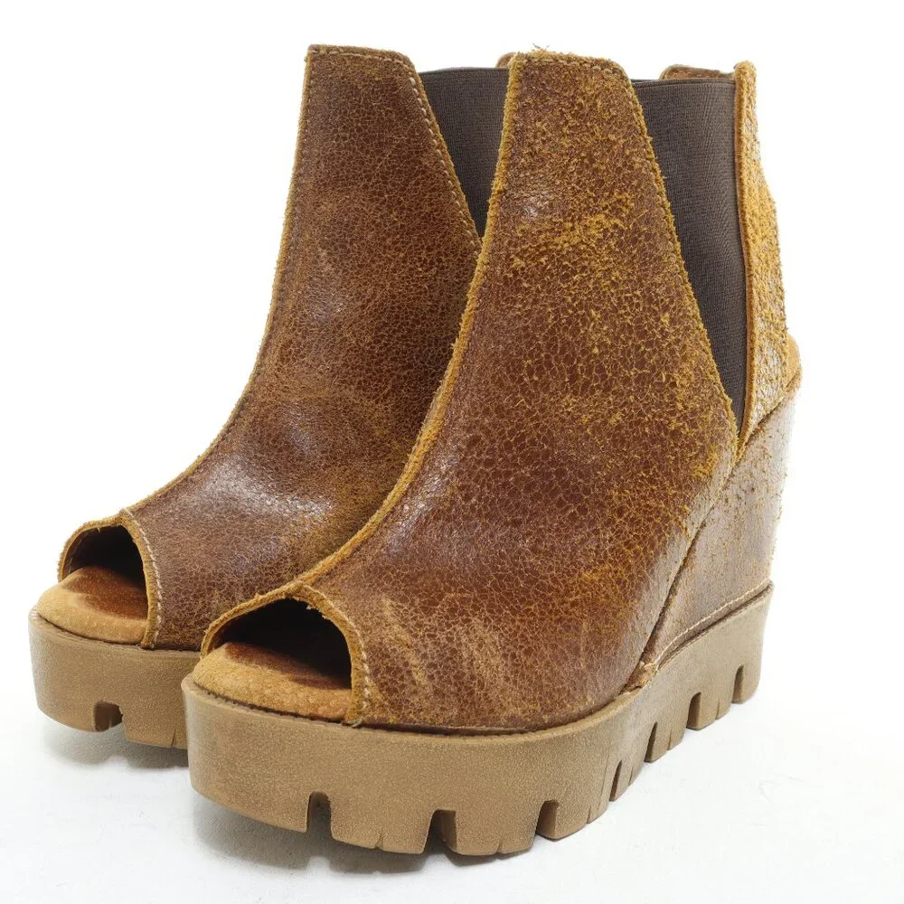 Women's Brown Wedge Peep-Toe Ankle Boot